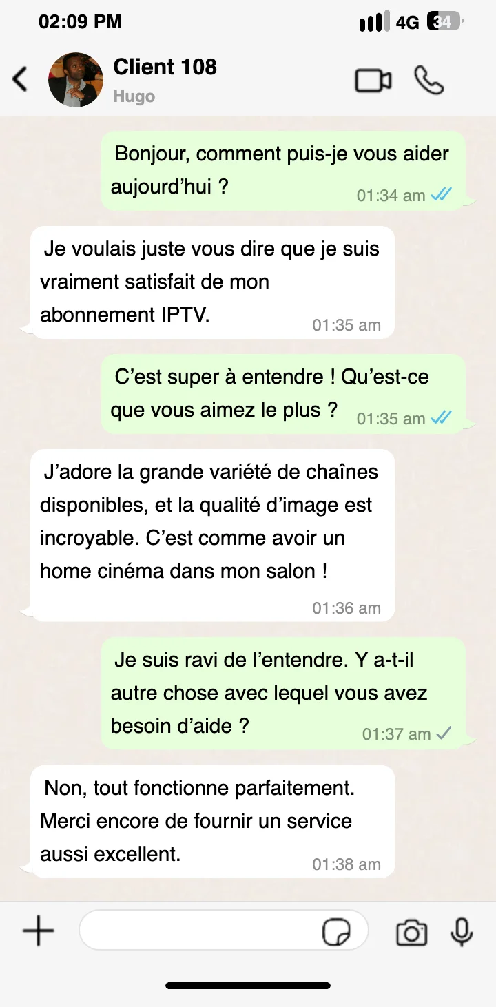 Message de satisfaction client URL IPTV sur WhatsApp